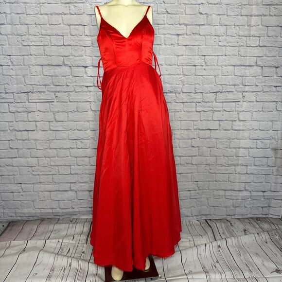 Red V Neck Spaghetti Straps Tulle Beaded Lace Long Evening Prom Dress size small - Picture 13 of 16
